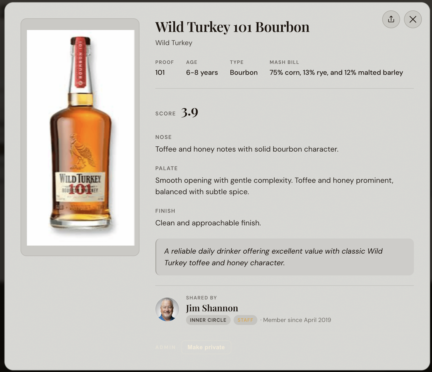 Example Bourbon Road tasting card showing Wild Turkey 101 with proof, age, type, mash bill, nose, palate, finish, score, and a 'Shared by Jim Shannon' attribution.