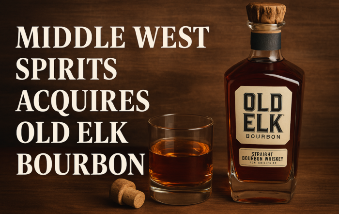 Bottle of Old Elk Bourbon with glass of whiskey and text announcing Middle West Spirits acquisition